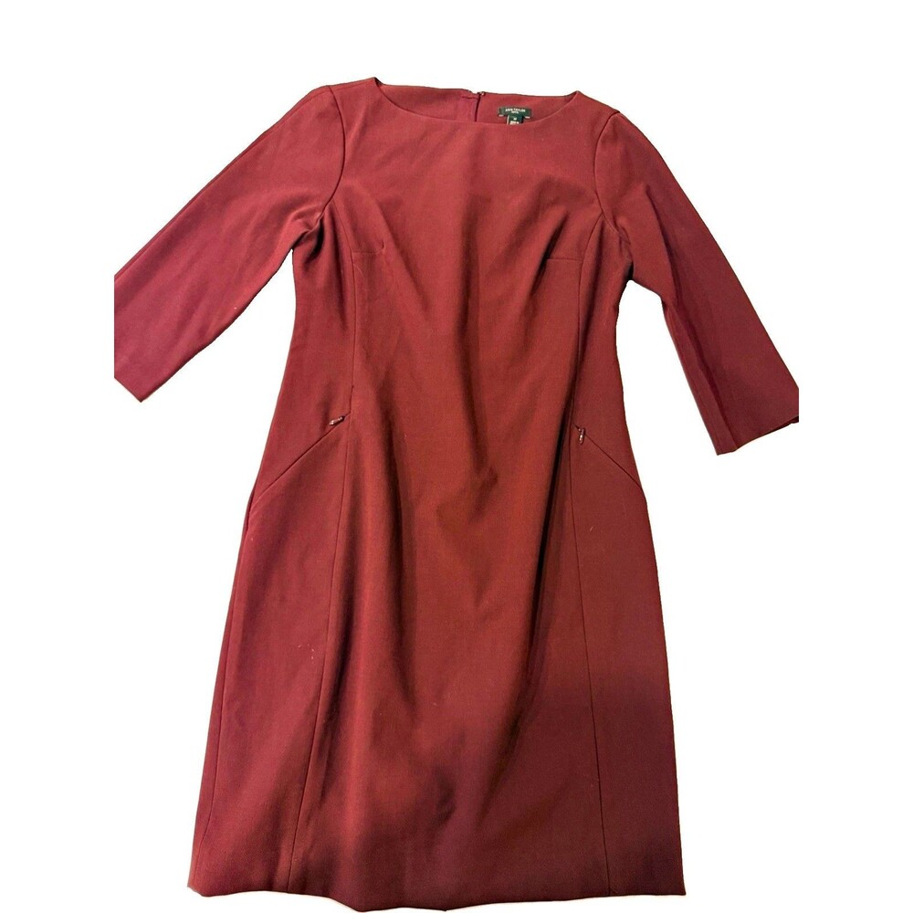 Ann Taylor Burgundy Solid Sheath Dress 4P Petite Round Neck 3/4 Sleeve